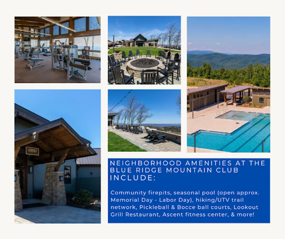A vibrant exterior view featuring the fitness center, fire pit, pool area, and an adjacent restaurant. Lush landscaping and mountain scenery create a lively setting where residents gather, exercise, and socialize, with clear visual references to resort-style amenities and communal spaces.