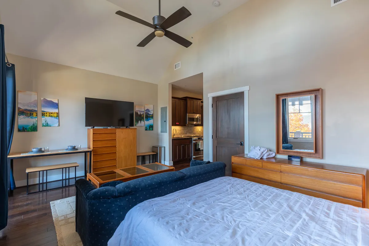 A well-laid-out studio blends living and dining, with a queen bed, TV, dining table, and kitchen area seamlessly integrated. Artwork and window views add to the room's ambiance, while the kitchen area supports simple meal preparation.